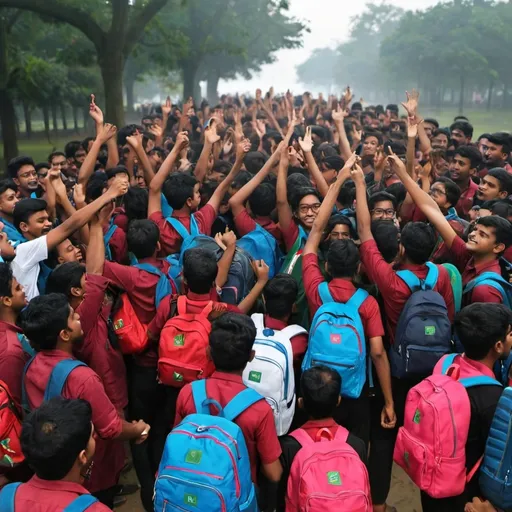 Prompt: Bangladeshi students are celebrating at dawn with backpacks

