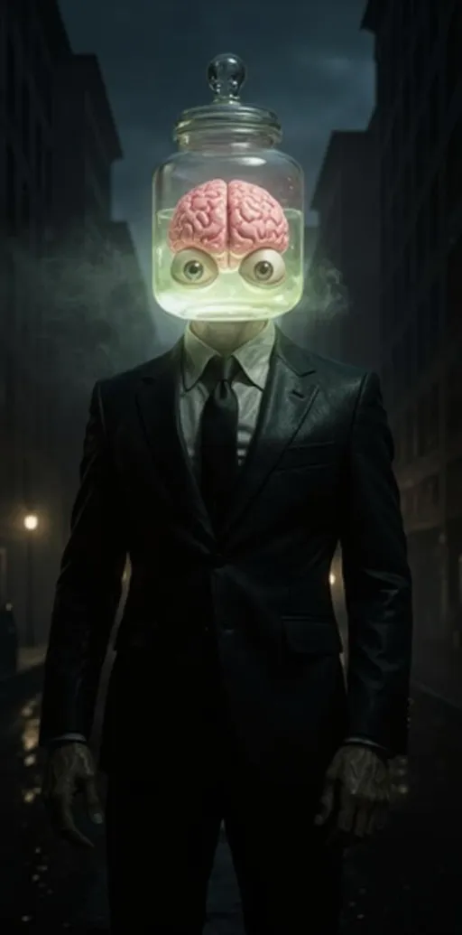 Prompt: A guy in a suit but his head is nothing but a jar of pair of brains and pair of eyeballs. Refine the art. 