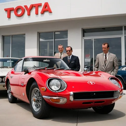 Prompt: 1966 Toyota 2000GT sitting in front of a Toyota dealership from that era