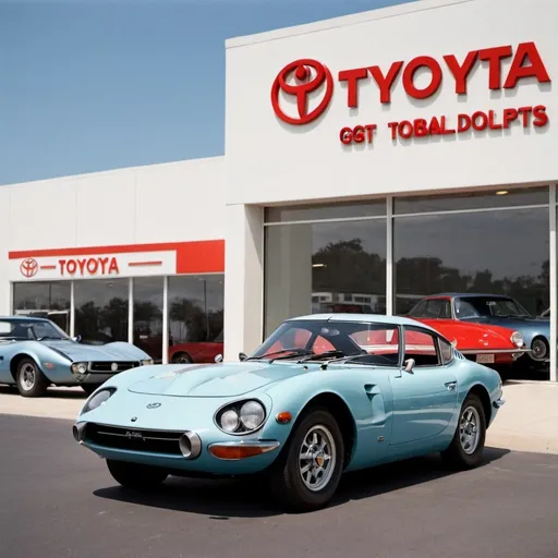 Prompt: 1966 Toyota 2000GT sitting in front of a Toyota dealership from that era