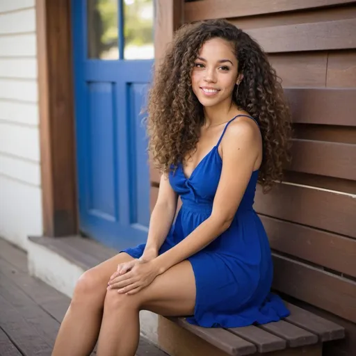 Prompt: Beautiful, biracial Brazilian woman with long curly brown hair, wearing a royal blue sundress, sitting with legs crossed. 