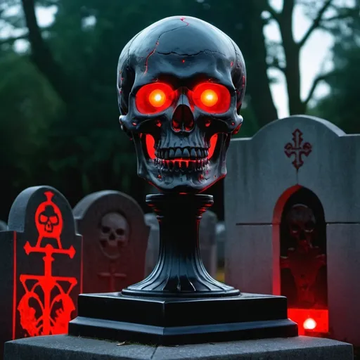 Prompt: A red and black Laser Schythe with a skull on it that has red glowing eyes on a red and black scary pedestal in a graveyard 