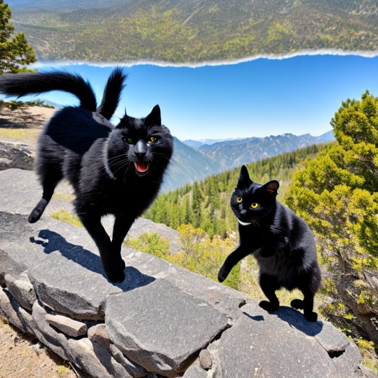 Prompt: black cat on top of mountain doing the gamnam style dance