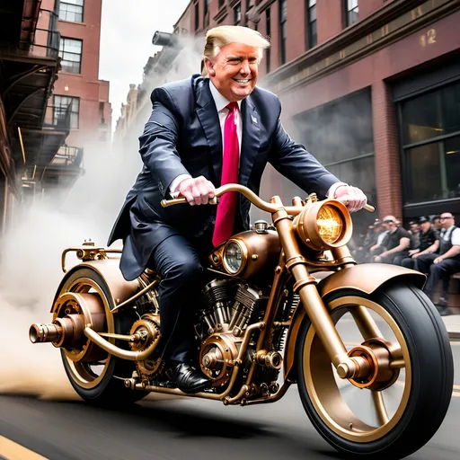 Prompt: Trump on a steampunk motorcycle going fast