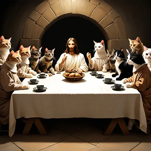 Prompt: Jesus and the twelve cat disciples at the last supper