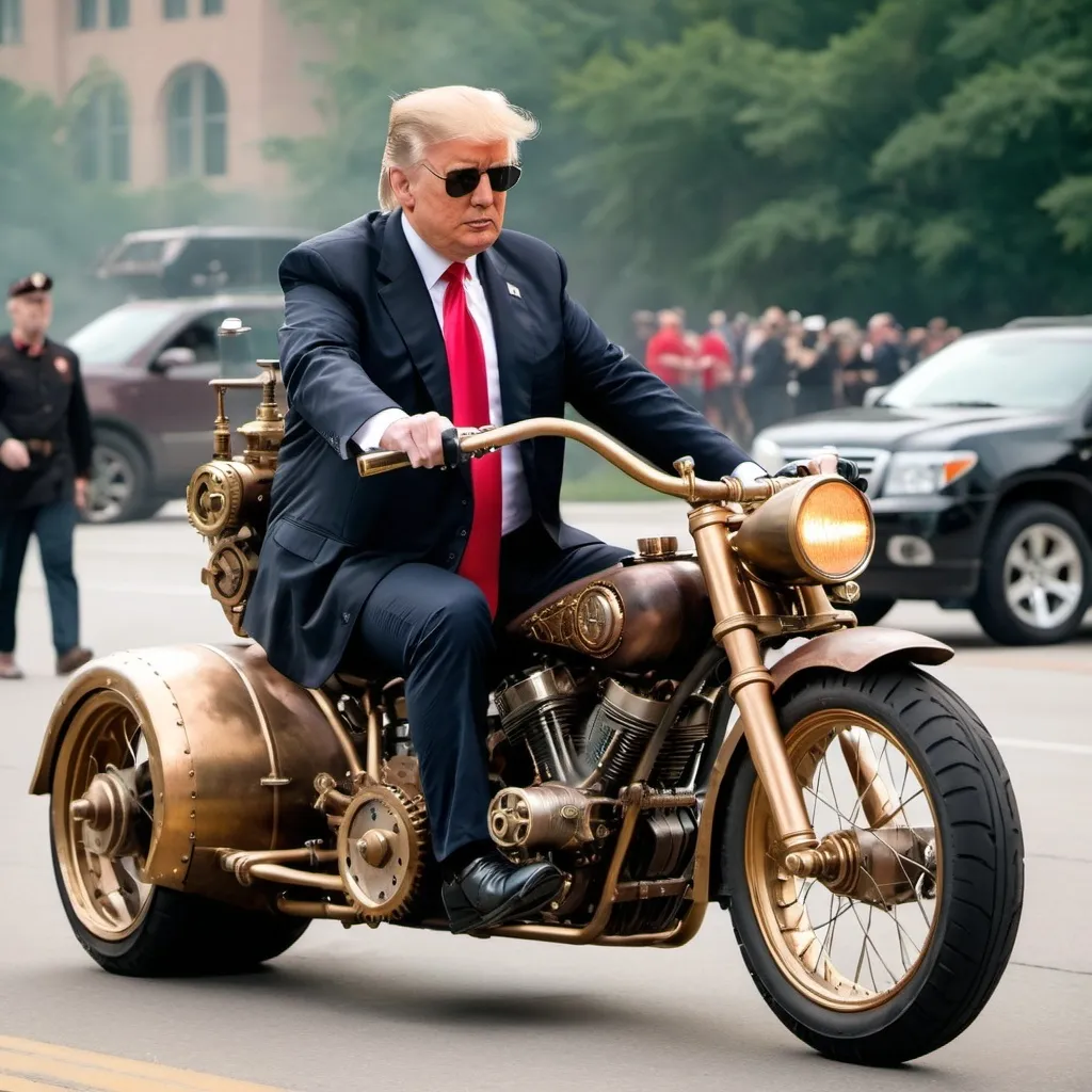 Prompt: Trump on a steampunk motorcycle