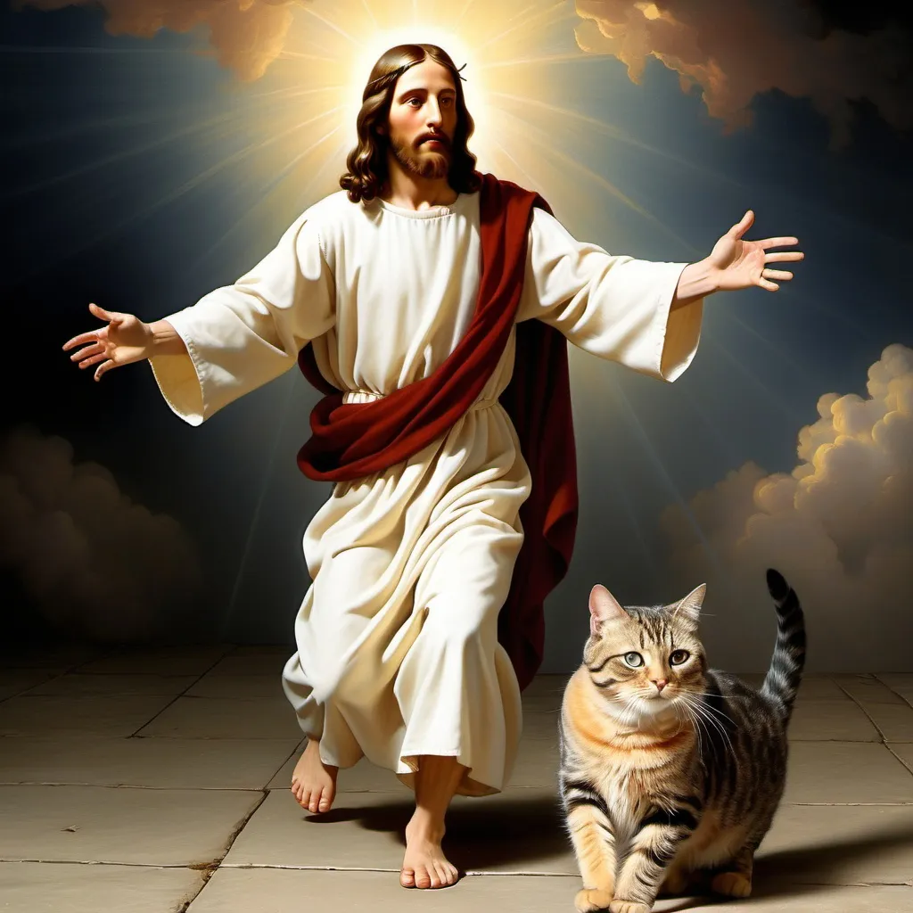 Prompt: Jesus tripping on a cat