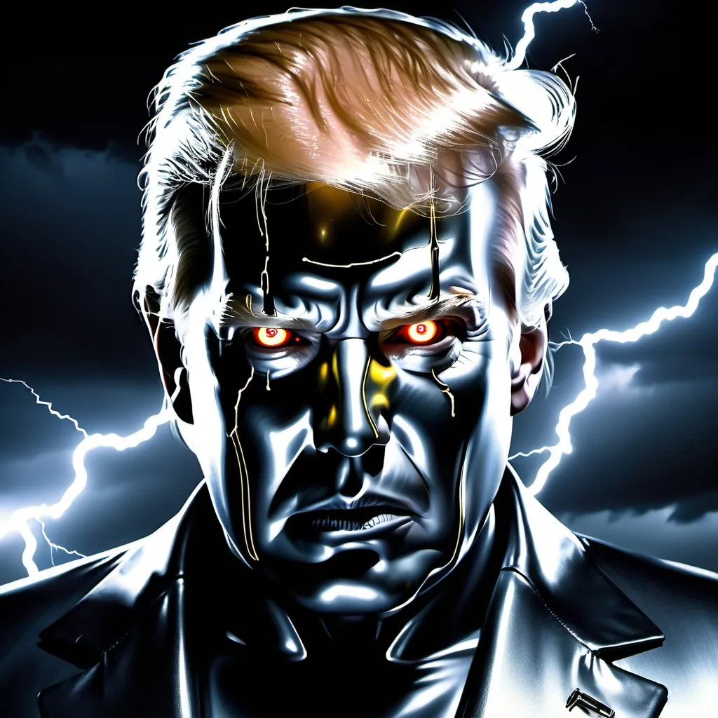 Prompt: Donald Trump as a liquid metal terminator with black sky and lightning in the background