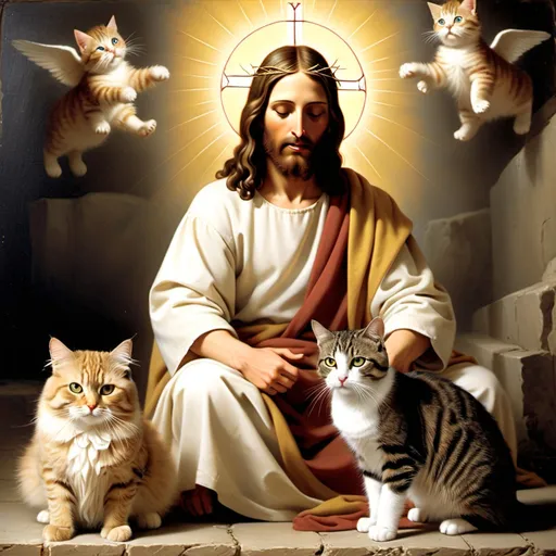 Prompt: Jesus trips on a cat