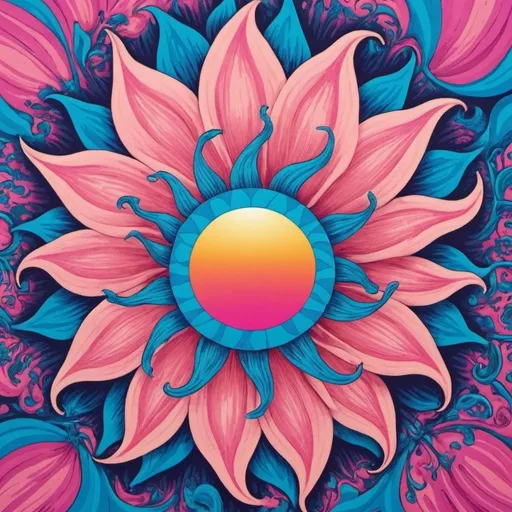Prompt: psychedelic print. A sun with gardenia. Pink and Blue colors