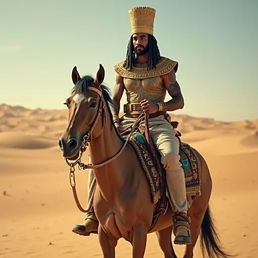 Prompt: À Egyptian King sat on a Tyrone in the middle of the desert 