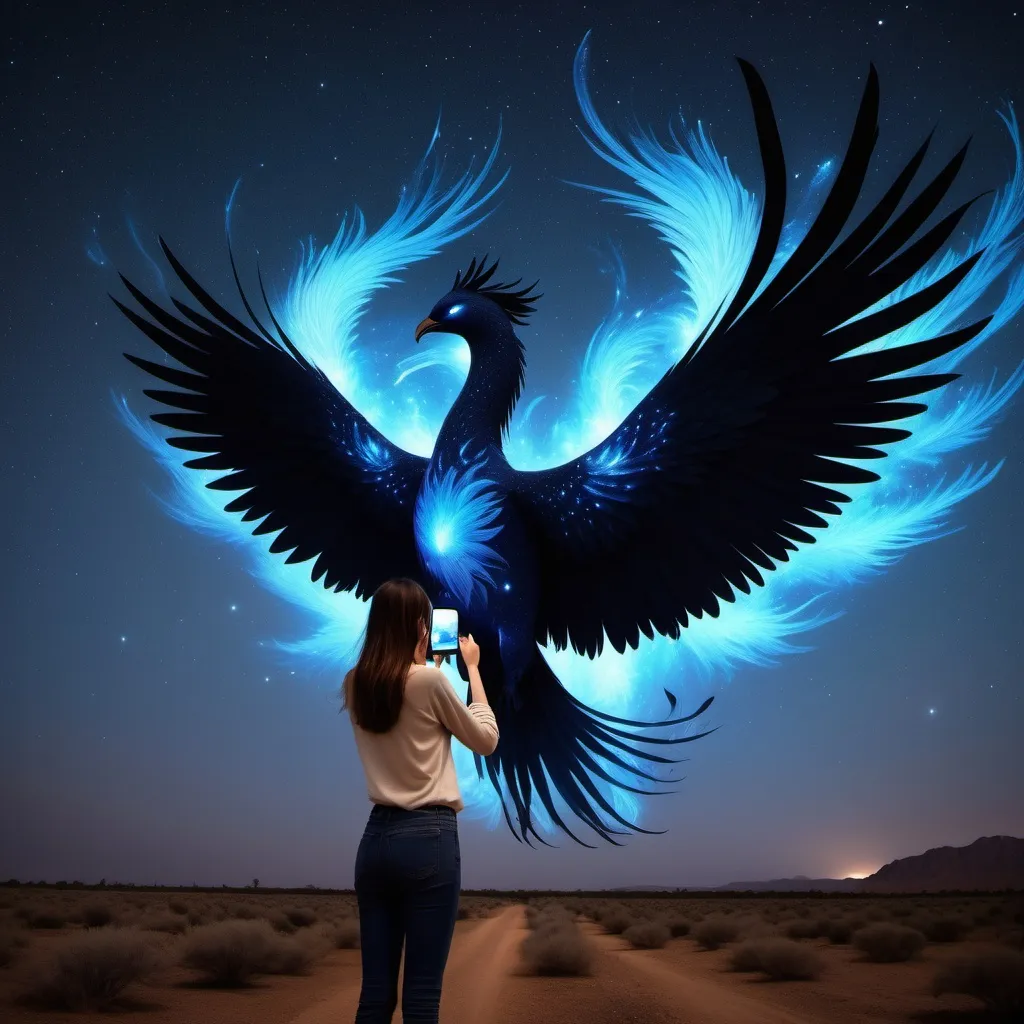 Prompt: In the night sky A giant blue phoenix who is million of million km^2 wide sized covers all the sky with his immense body. A girl trying to capture the phoenix by her phone camera