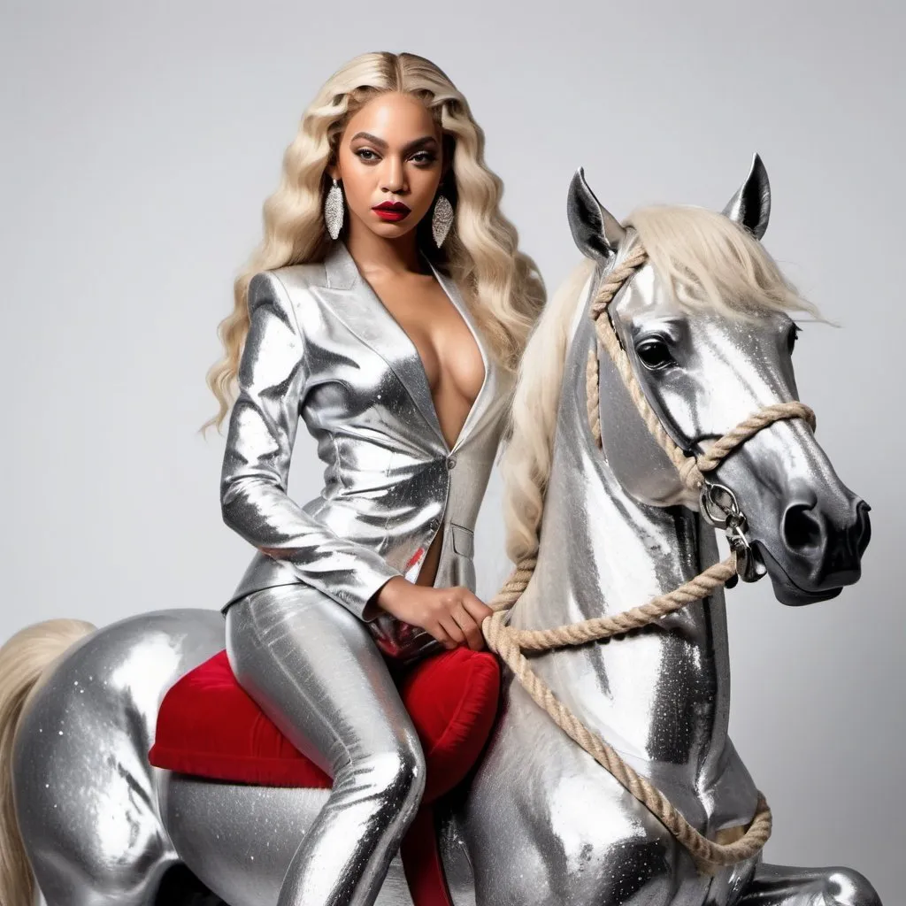 Prompt: Full View of Beautiful Model Sitting on a silver sequins horse with a rope, she looks like Beyonce with long bleachblondehair, she wears a silver metallic costume, bright red lipstick wearing diamond accessories and heels