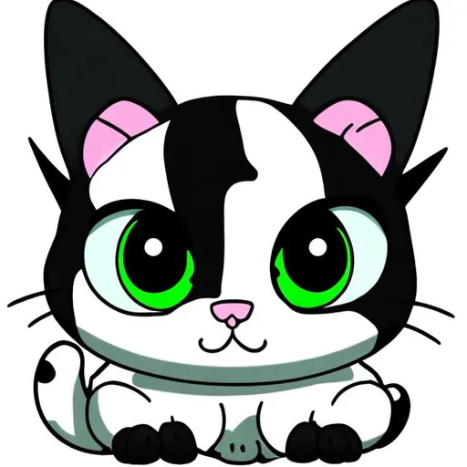 Prompt: Cute cartoon cat black and white green eyes