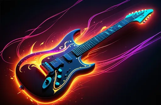 Prompt: (futuristic-cybernetic style), (Neon colored electric guitar), ablaze with flames, vibrant color scheme, dynamic lighting, glowing trails, surreal ambiance, intense heat effect, detailed textures on the guitar, dramatic contrasts, futuristic background elements, ultra-detailed, HD, electrifying atmosphere.