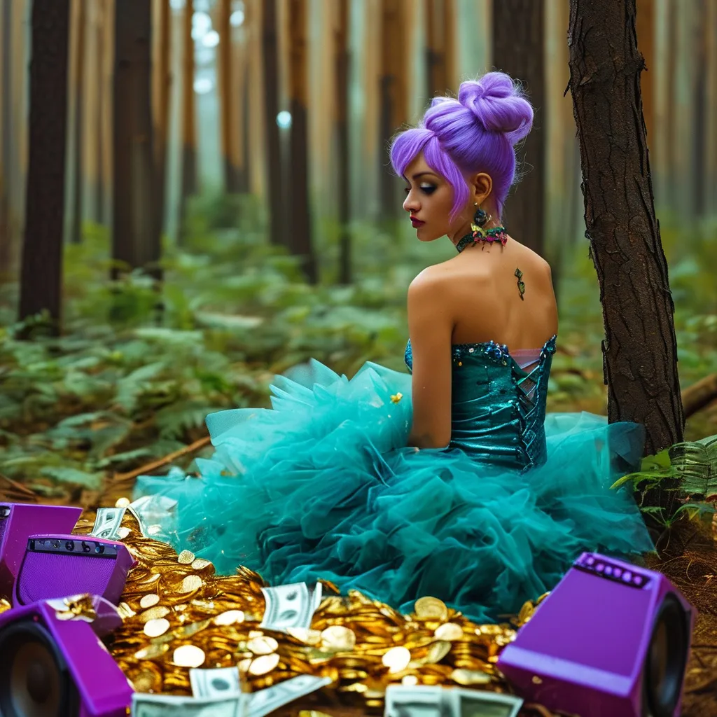 Prompt: In love, Purple pixie cut, turquoise ballgown, On her hands and knees with her back to the camera on a purple and turquoise bed in a forest, bed covered in money and gold, with a basketball, katana and mic, big speakers in the background with love hearts