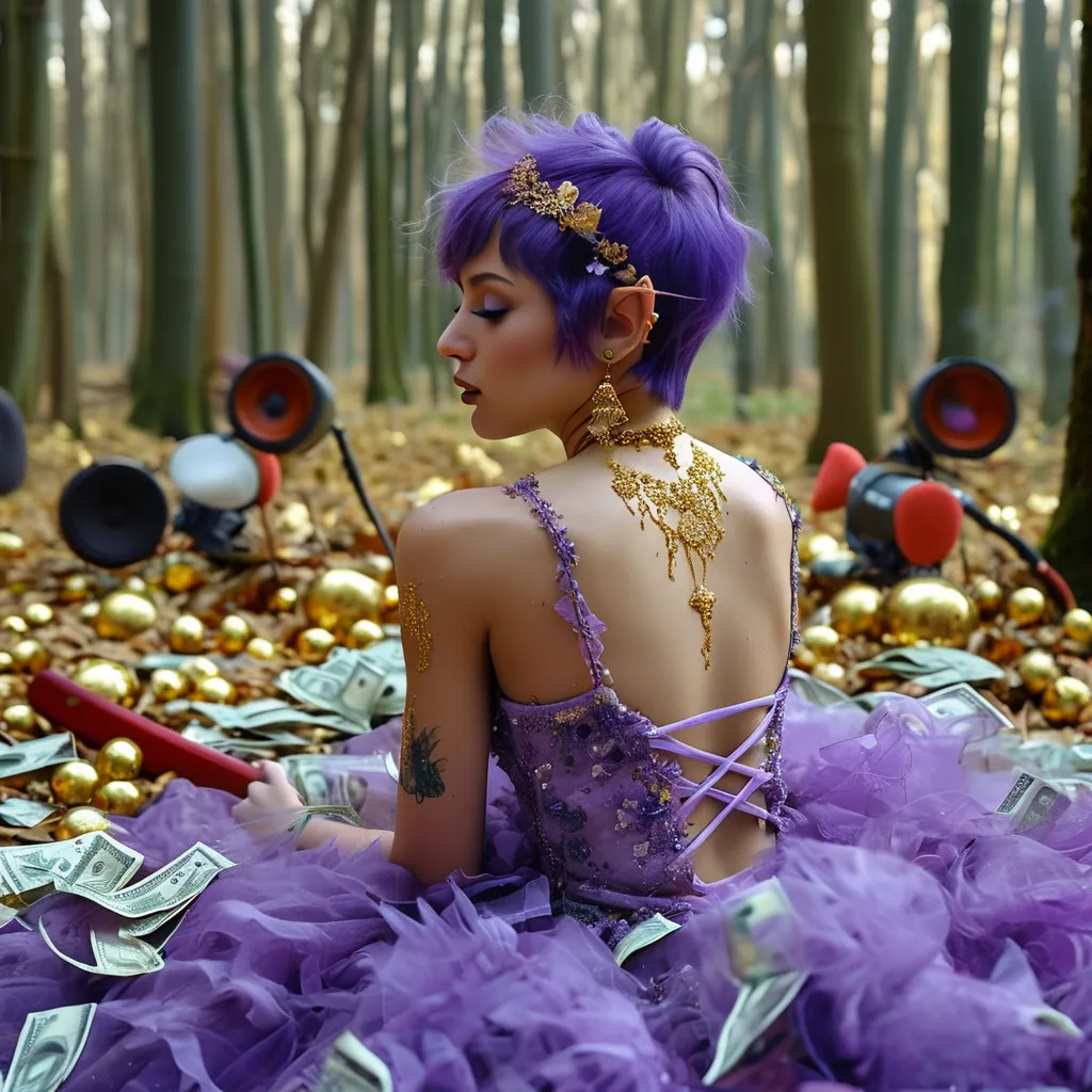 Prompt: In love, Purple pixie cut, turquoise ballgown, On her hands and knees with her back to the camera on a purple and turquoise bed in a forest, bed covered in money and gold, with a basketball, katana and mic, big speakers in the background with love hearts