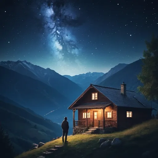 Prompt: A man standing outside his cottage house in the hillside watching the view of the Mountains in the night sky beautiful galaxy night sky