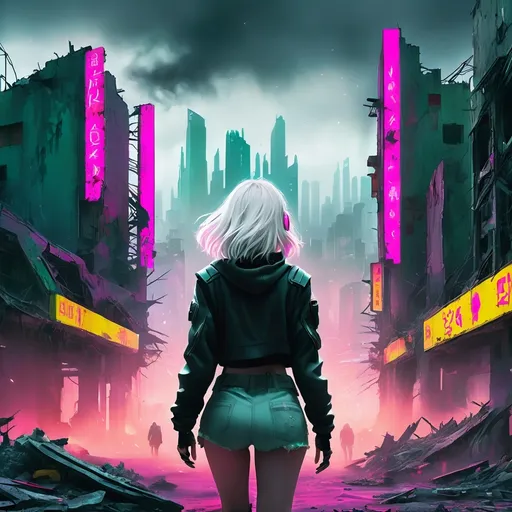 Prompt: Cyberpunk styled picture. girl with ash-white hair is walking away into neon colored ruins of the big city. we can't see her face because she stands back to us