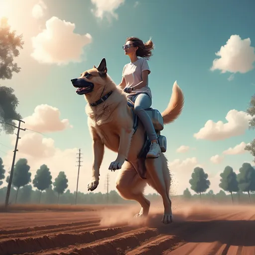 Prompt: a woman riding on the back of a dog on a dirt field with a sky background and trees in the background, Beeple, furry art, ultra realistic digital art, computer graphics