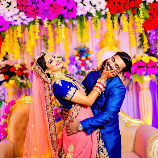 Prompt: In a vibrant celebration of love, a couple is captured in a joyous moment amid a backdrop of colorful floral arrangements, featuring purple, white, and red blooms that evoke a festive atmosphere. The woman, adorned in a stunning blue and pink traditional attire embellished with intricate golden designs, smiles warmly at her partner, who beams with happiness in a blue outfit. Their playful pose, with the woman leaning back while held gently by the man, conveys a sense of intimacy and affection, highlighted by the delicate jewelry and henna on her hands. The scene is bathed in warm light, enhancing the rich colors of their attire and the lush floral décor, which together create a mood of celebration and romance.