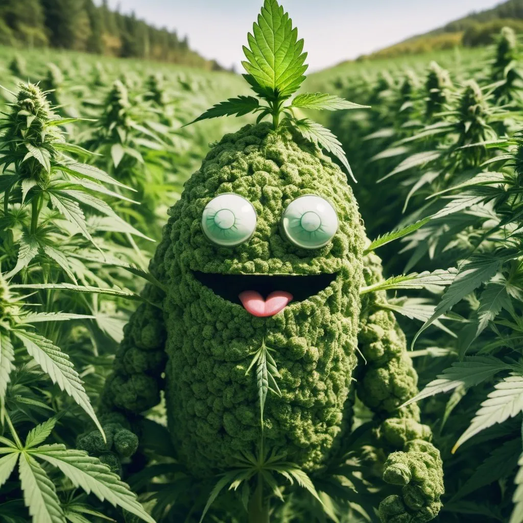 Prompt: weed leaf with arms legs eyes mouth standing in a cannabis field  