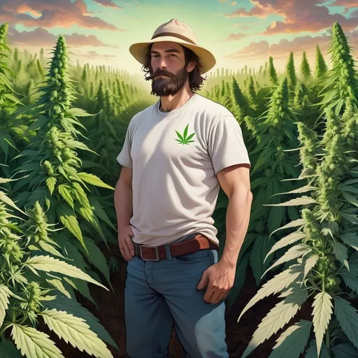Prompt: cannabis farmer in a giant cannabis field 