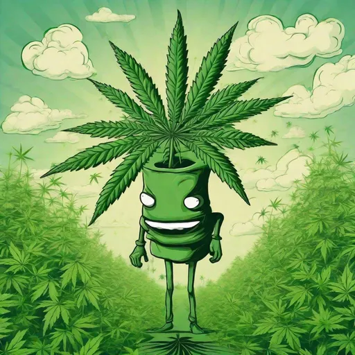 Prompt: weed leaf with arms legs eyes mouth standing in a cannabis field  