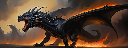 Prompt: An epic fantasy oil painting of a sleek shinet aggresssive black (game of thrones) like dragon in flight at night blending into the shadow of the night as its underside is given light dramatically lit from below by an army of demons on fire