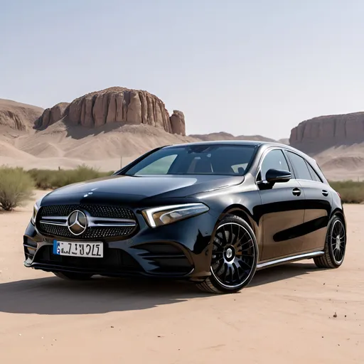 Prompt: Create a black Mercedes A 250e in AMG Line. You should see it in its entirety. In the background a desert. It should look as real as possible. The license plate should be a German license plate with DN:G 212E.