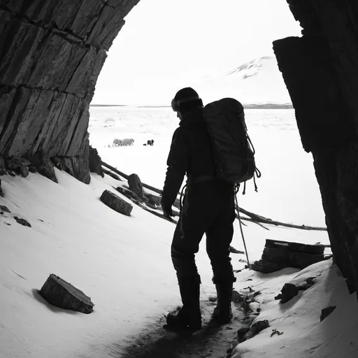Prompt: grainy Black and White Picture of Artic Explorer Finding ruins