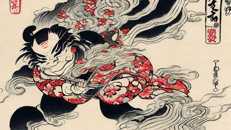 Prompt: Japan, Yokai，百鬼夜行, 平安京, 浮世绘风,