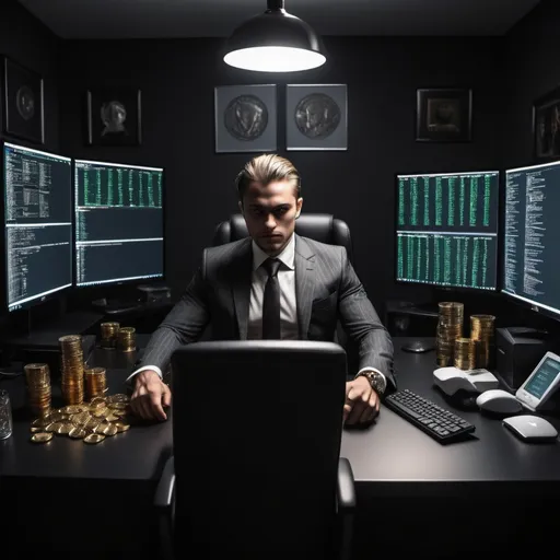 Prompt: A millionaire exuding male mafia vibe is working on his crypto business on the computers in his office, the office is big and dark and only the light of the computers comes in and there are a lot of coins and cryptocurrencies, the office room is specially designed dark modern style and the coins in front of it are focused on us from a distance there is