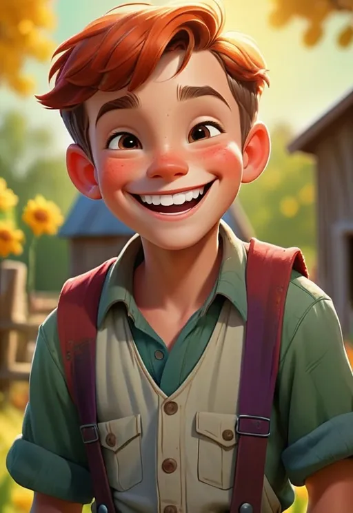 Prompt: Disney style farm boy with short hair and a happy smile, vibrant colors, sunny