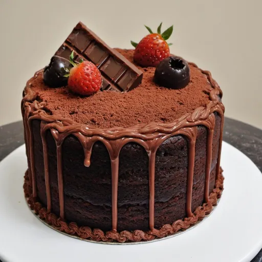Prompt: Chocolate cake made by a chocolate man in a chocolate kitchen 