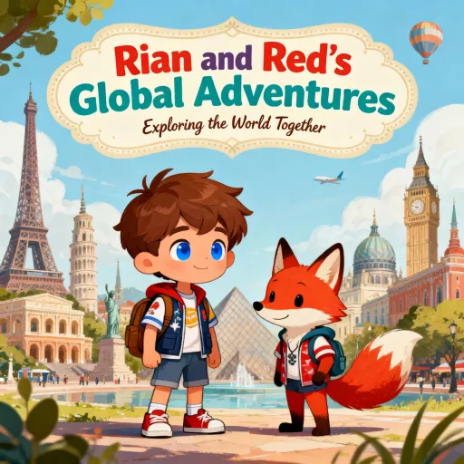 Prompt: to make children travel books based om two characters Rian and Red the fox , rian is a lil brown haired blue eyed boy and red is the fox they both dress in cool trendy clothes and love going on adventures to different count
 the major tourist attractions. 

