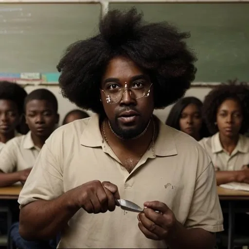 Prompt: Da Sus Brown, an afro american teacher who is involved in some shady drug business with some of his students is threatening the viewer of the picture with an old and rusty butter knife