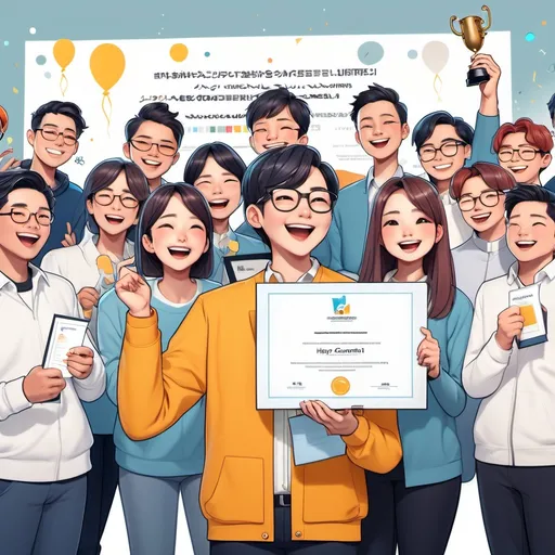 Prompt: (Speech bubble: "Thanks to generative AI!"), (smiling individual), (happy expression), holding certificate and trophy, dynamic celebration scene, colleagues applauding, festive atmosphere, vibrant colors, soft lighting, (background with large banner: 'Webtoon Contest Award'), ultra-detailed, joyful ambiance, capturing the essence of achievement and camaraderie, photorealistic style, high-quality image.