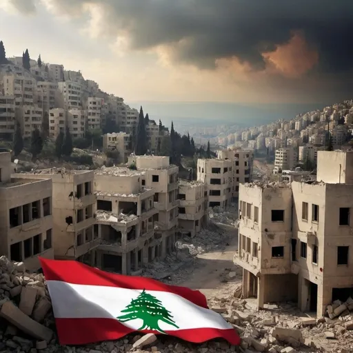 Prompt: My country is under war. South Lebanon…. Create a land full of sadness and war. Add a Lebanese flag 