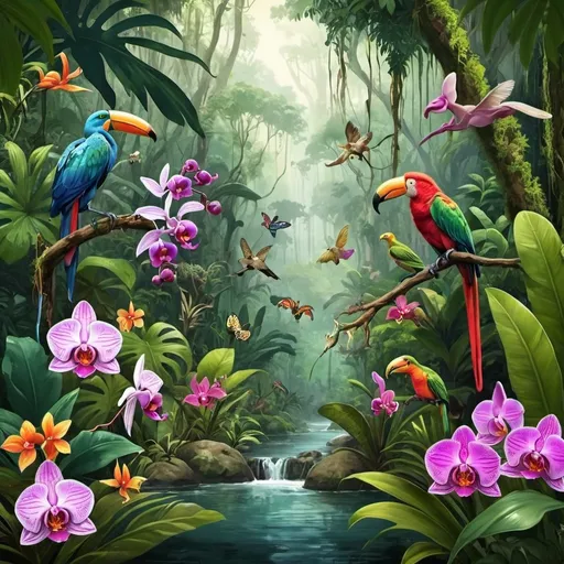 Prompt: tropical rainforest with many flower and orchid and many wild animal