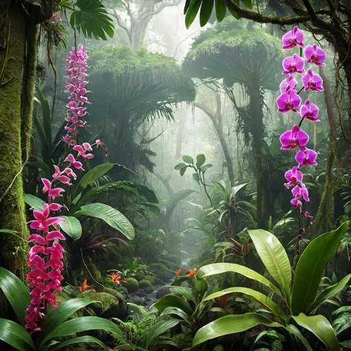 Prompt: tropical rainforest with many flower and orchid