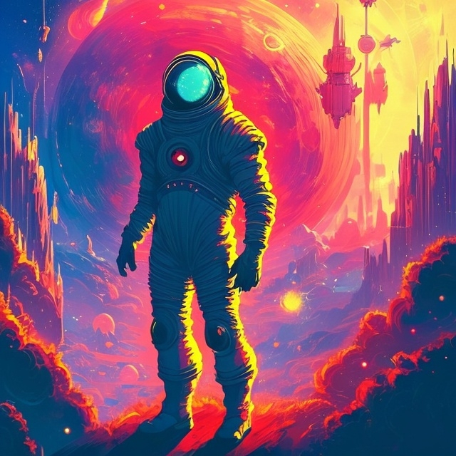 Prompt: Retro futurism styled being in a spacesuit, heavily detailed, unique universe, concept art, primary color hues, magical world, bright uplifting tones, dynamic lighting, professional, highres, ultra-detailed, retro-futurism, comic style, dynamic lighting, unique concept, misc-grunge, detailed feathers, atmospheric clouds,