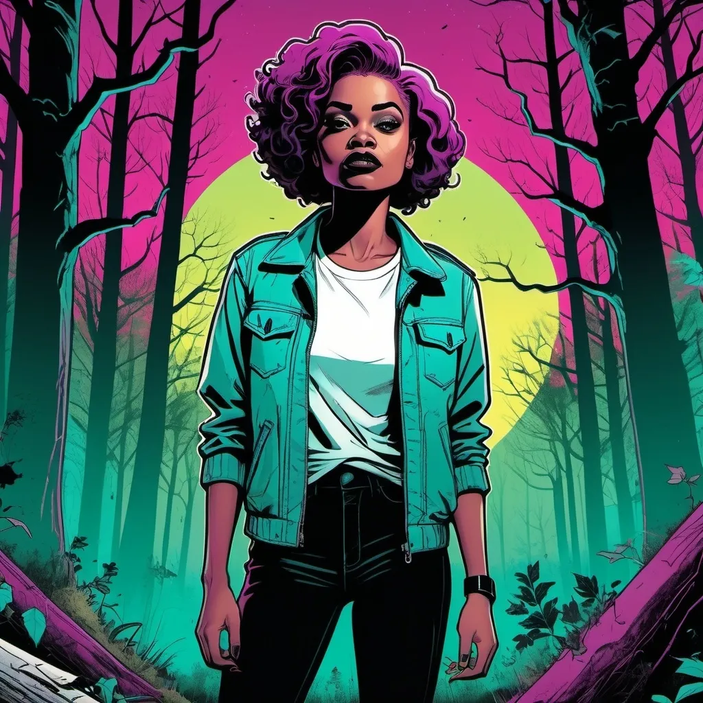 Prompt: detailed, dark colors, dramatic, graphic novel illustration, 2d shaded retro comic book, combined with Graffiti, magenta and cyan, gradient background,  whites and yellows, grave yard, lush forestry rich light and dark greens, tree canopy, moonlight shining down, stylish smirking young black woman and very short punk hair and thick eyebrows, crouching in woods. 