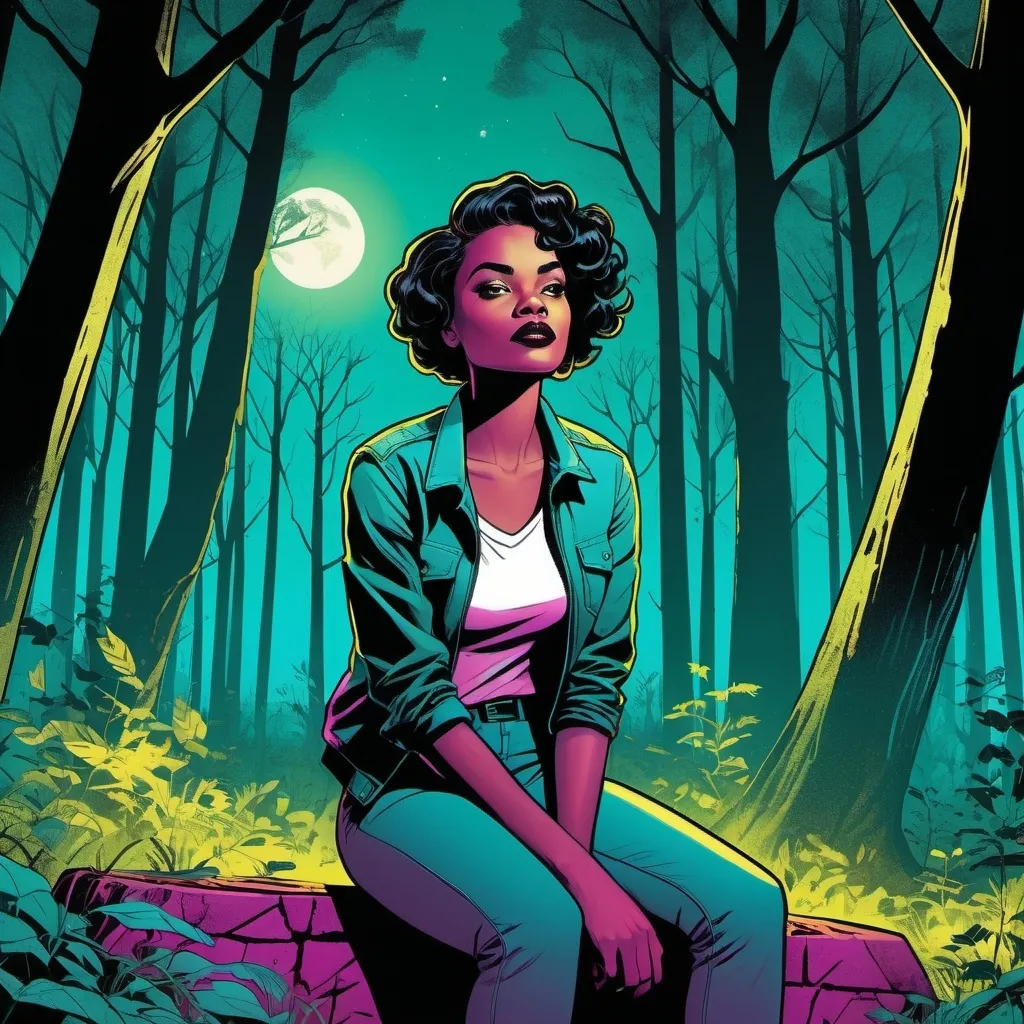 Prompt: detailed, dark colors, dramatic, graphic novel illustration, 2d shaded retro comic book, combined with Graffiti, magenta and cyan, gradient background,  whites and yellows, grave yard, lush forestry rich light and dark greens, tree canopy, moonlight shining down, stylish smirking young black woman and very short natural hair and thick eyebrows, sitting in woods. 