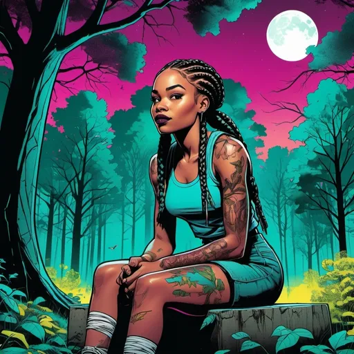 Prompt: detailed, dark colors, dramatic, graphic novel illustration, 2d shaded retro comic book, combined with Graffiti, magenta and cyan, gradient background,  whites and yellows, grave yard, lush forestry rich light and dark greens, tree canopy, moonlight shining down, stylish smirking young black woman with box braids, sitting in woods. 