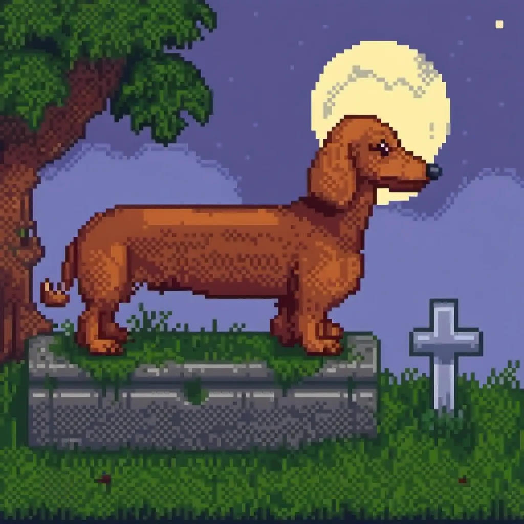 Prompt: Very long dachshund in overgrown Cemetary under moonlight