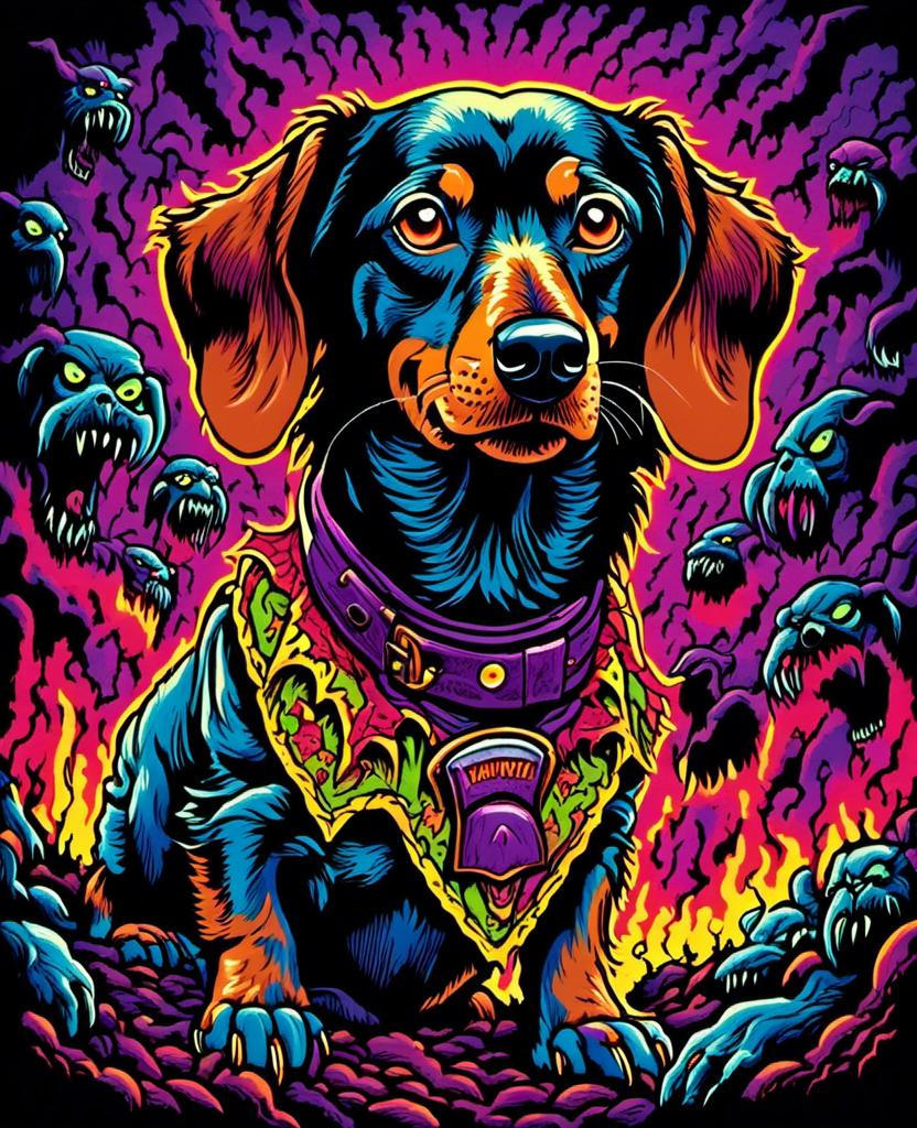 Prompt: Psychedelic scary strange dachshund guy, 80s slasher horror villain dogman creepy ferocious canine mastermind, Safe for work, SFW
<mymodel> 