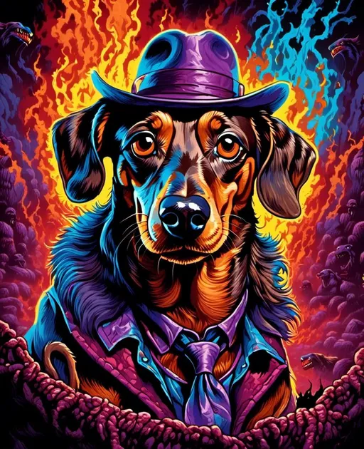 Prompt: Psychedelic scary strange dachshund guy, 80s slasher horror villain dogman creepy ferocious canine mastermind, Safe for work, SFW
<mymodel> 