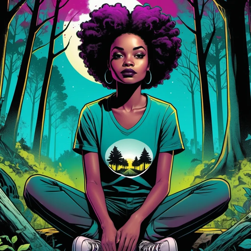 Prompt: detailed, dark colors, dramatic, graphic novel illustration, 2d shaded retro comic book, combined with Graffiti, magenta and cyan, gradient background,  whites and yellows, grave yard, lush forestry rich light and dark greens, tree canopy, moonlight shining down, stylish smirking young black woman and short natural afro hair, sitting in woods. 