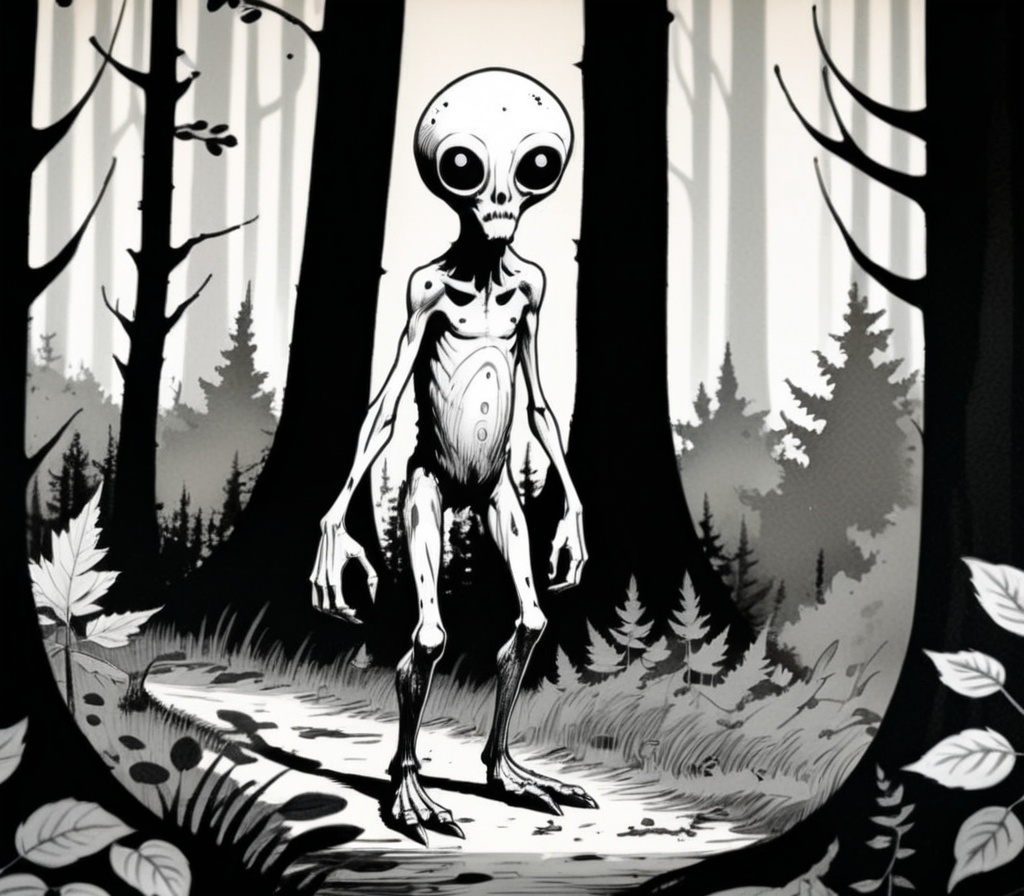 Prompt: A tall gaunt humanoid bipedal cryptid lurking in woods, Farel Dalrymple, modern european ink painting, storybook illustration